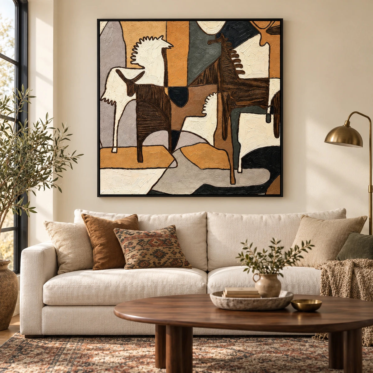Geometric Horses Oil Painting | Brown Ivory and Ochre Cubist Equestrian Square Wall Art OA 1661