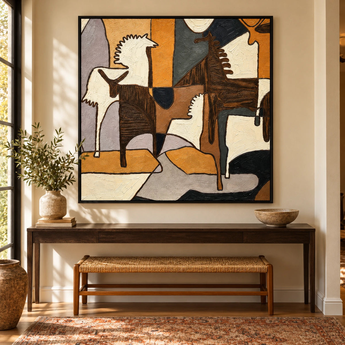 Geometric Horses Oil Painting | Brown Ivory and Ochre Cubist Equestrian Square Wall Art OA 1661