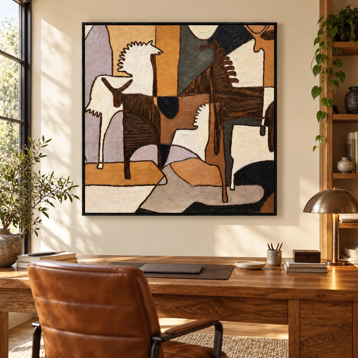 Geometric Horses Oil Painting | Brown Ivory and Ochre Cubist Equestrian Square Wall Art OA 1661