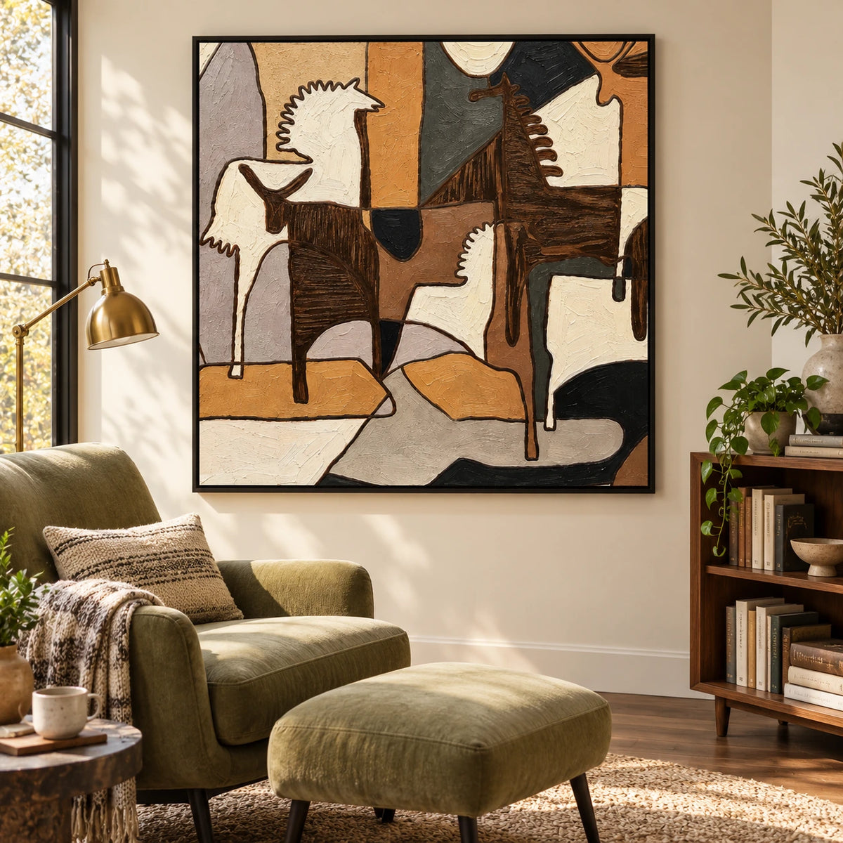 Geometric Horses Oil Painting | Brown Ivory and Ochre Cubist Equestrian Square Wall Art OA 1661