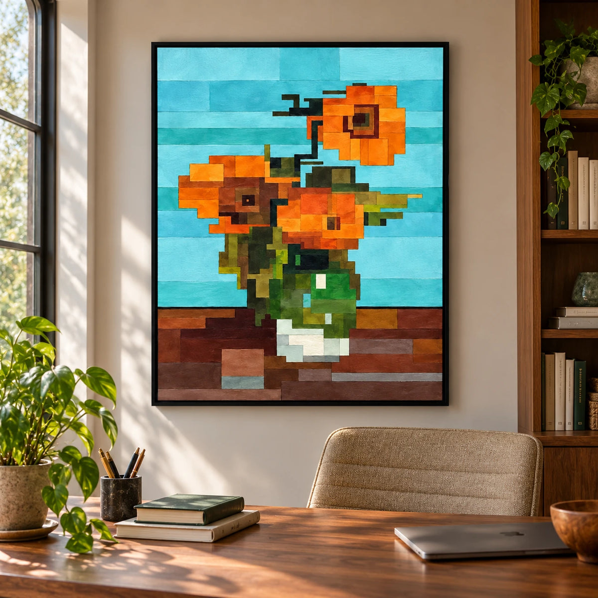 Geometric Orange Flowers in Green Vase Oil Painting | Turquoise Background Cubist Floral Vertical Wall Art #OA 1702