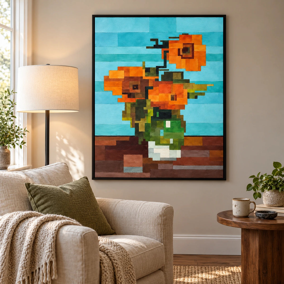 Geometric Orange Flowers in Green Vase Oil Painting | Turquoise Background Cubist Floral Vertical Wall Art #OA 1702