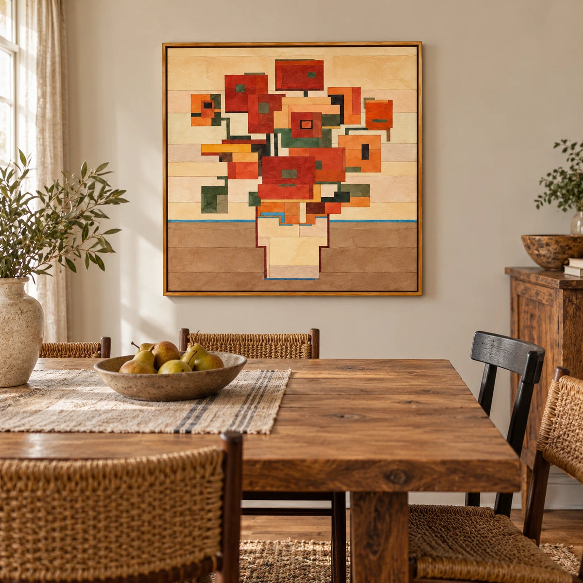 Geometric Orange Flowers in Vase Oil Painting | Terracotta Green and Ochre Blocks Square Abstract Botanical Wall Art OA 1758