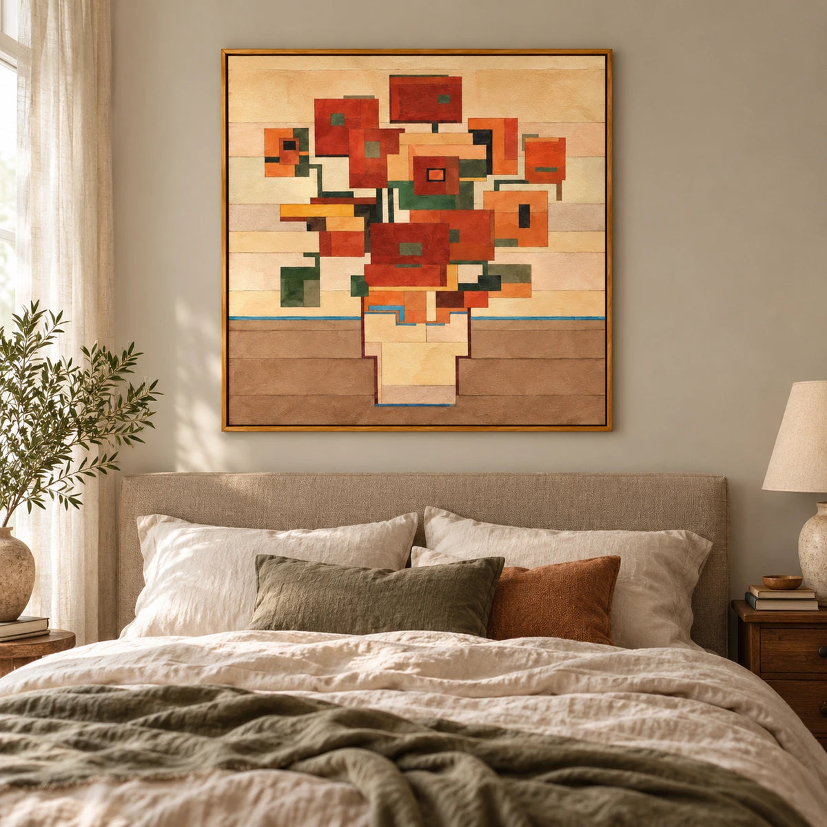 Geometric Orange Flowers in Vase Oil Painting | Terracotta Green and Ochre Blocks Square Abstract Botanical Wall Art OA 1758