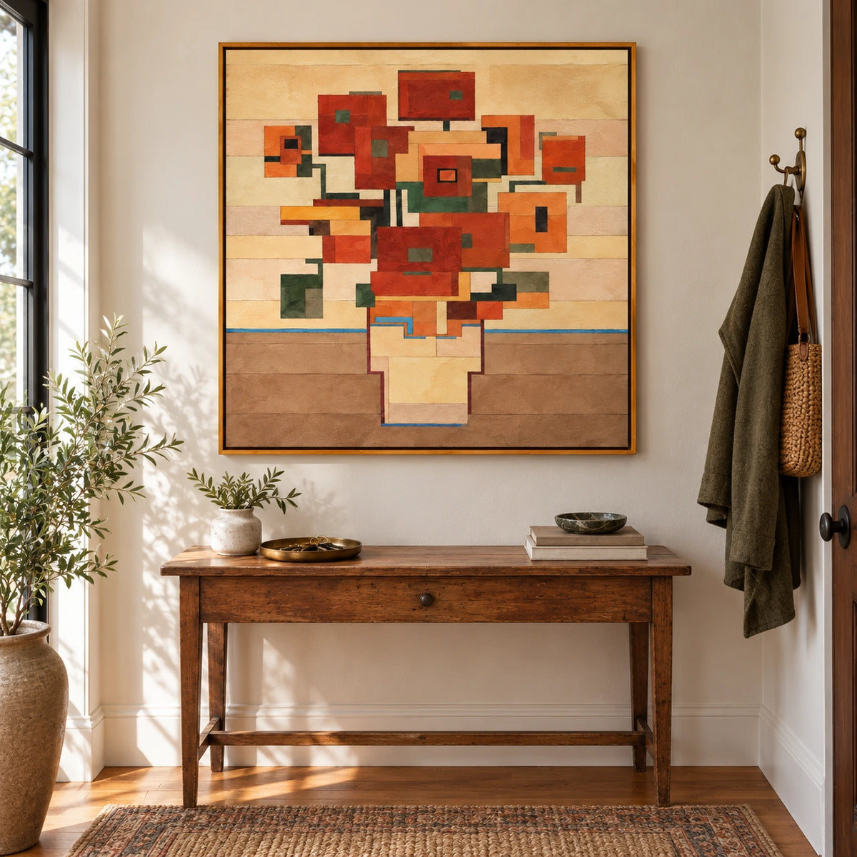 Geometric Orange Flowers in Vase Oil Painting | Terracotta Green and Ochre Blocks Square Abstract Botanical Wall Art OA 1758