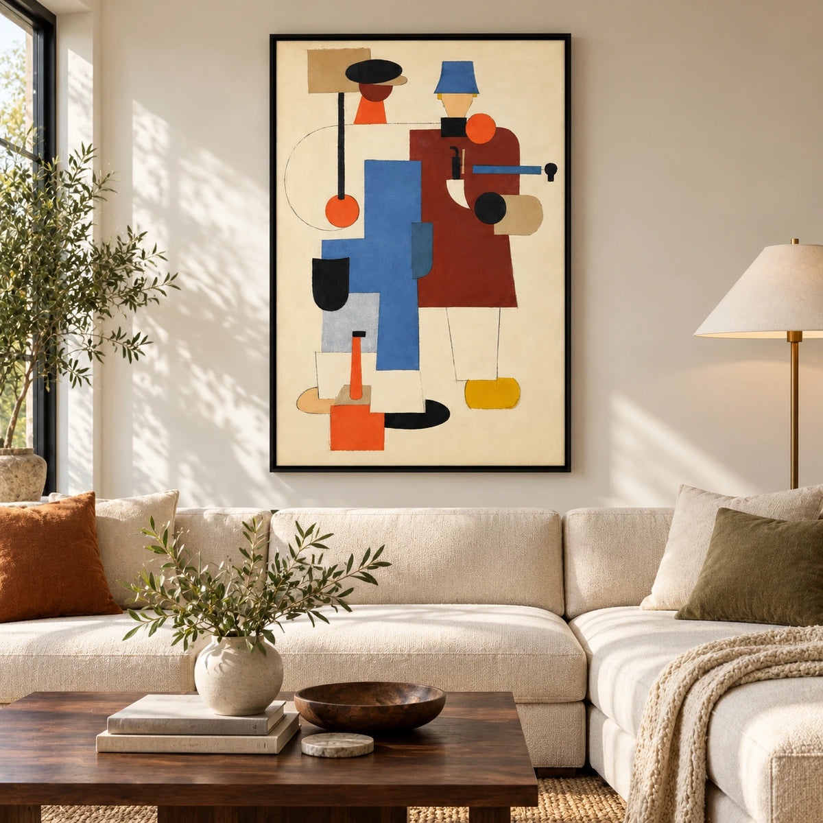 Geometric Two Figures Oil Painting | Black and Blue Hats Rust Orange and Cream Cubist Vertical Wall Art #OA 1711