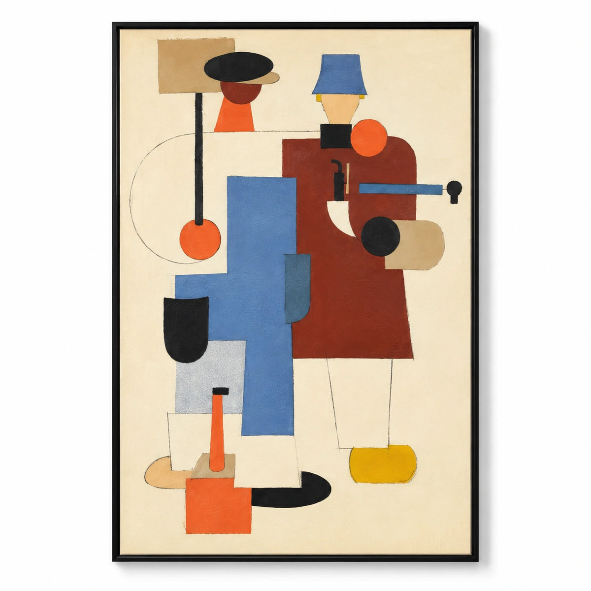 Geometric Two Figures Oil Painting | Black and Blue Hats Rust Orange and Cream Cubist Vertical Wall Art #OA 1711