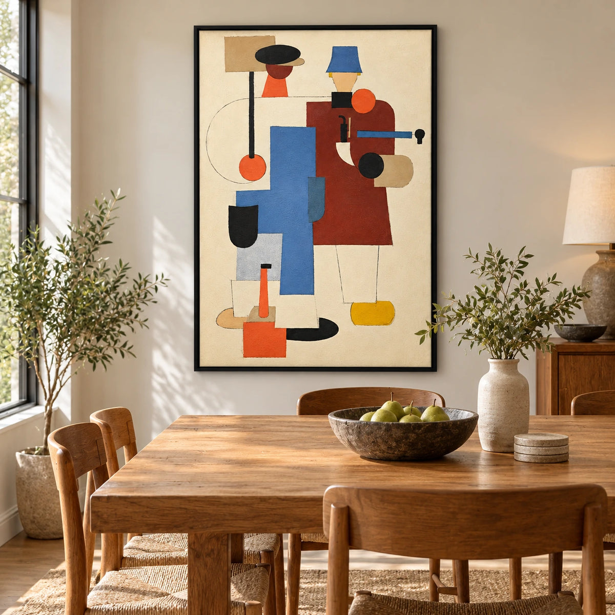 Geometric Two Figures Oil Painting | Black and Blue Hats Rust Orange and Cream Cubist Vertical Wall Art #OA 1711