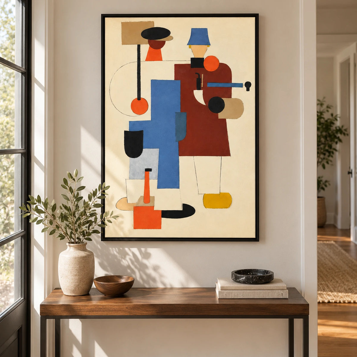 Geometric Two Figures Oil Painting | Black and Blue Hats Rust Orange and Cream Cubist Vertical Wall Art #OA 1711