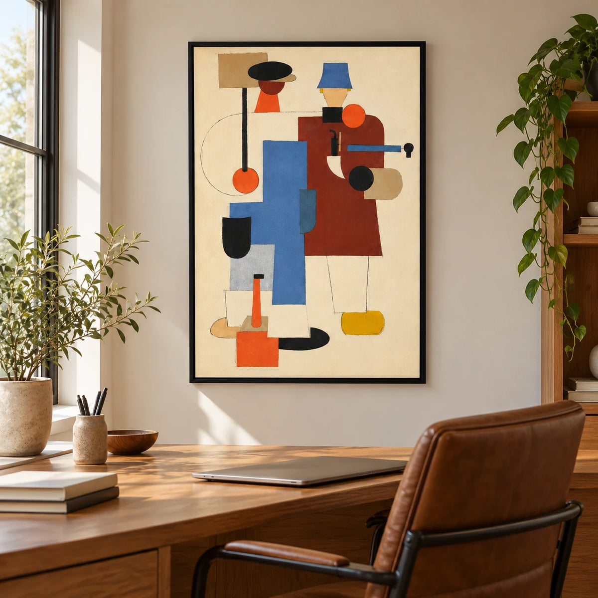 Geometric Two Figures Oil Painting | Black and Blue Hats Rust Orange and Cream Cubist Vertical Wall Art #OA 1711