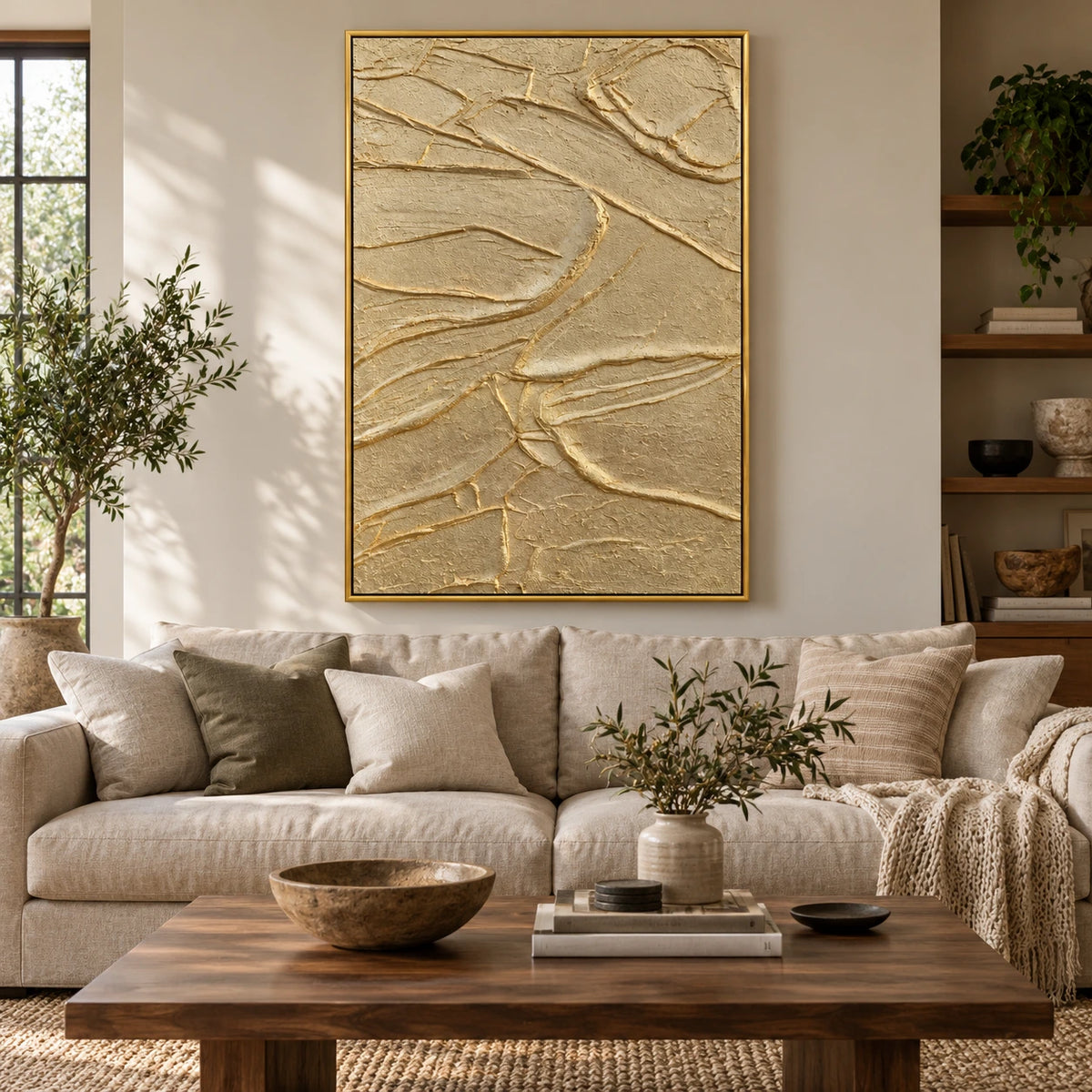 Gold and Beige Abstract Oil Painting | Raised Organic Lines and Layered Relief Textured Vertical Wall Art #OA 1834