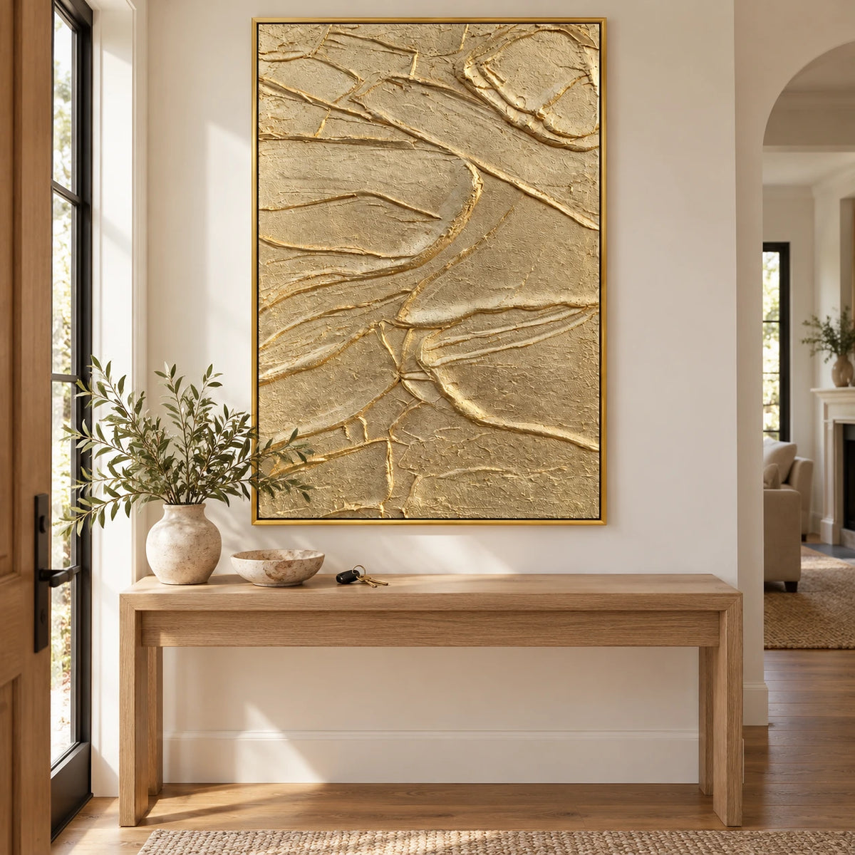 Gold and Beige Abstract Oil Painting | Raised Organic Lines and Layered Relief Textured Vertical Wall Art #OA 1834