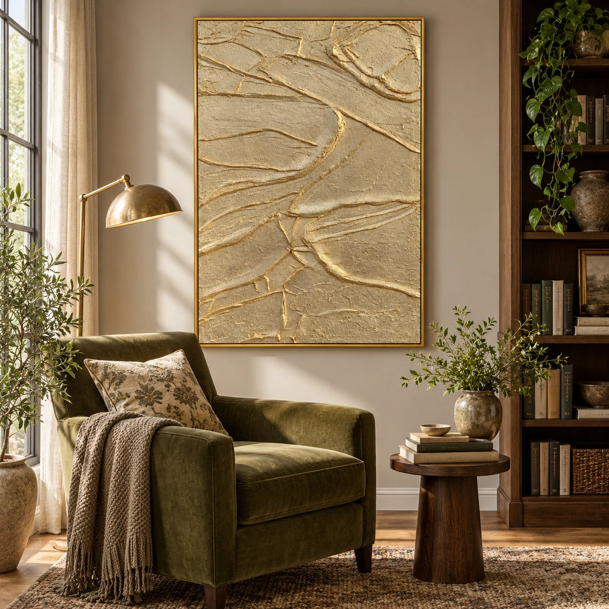 Gold and Beige Abstract Oil Painting | Raised Organic Lines and Layered Relief Textured Vertical Wall Art #OA 1834