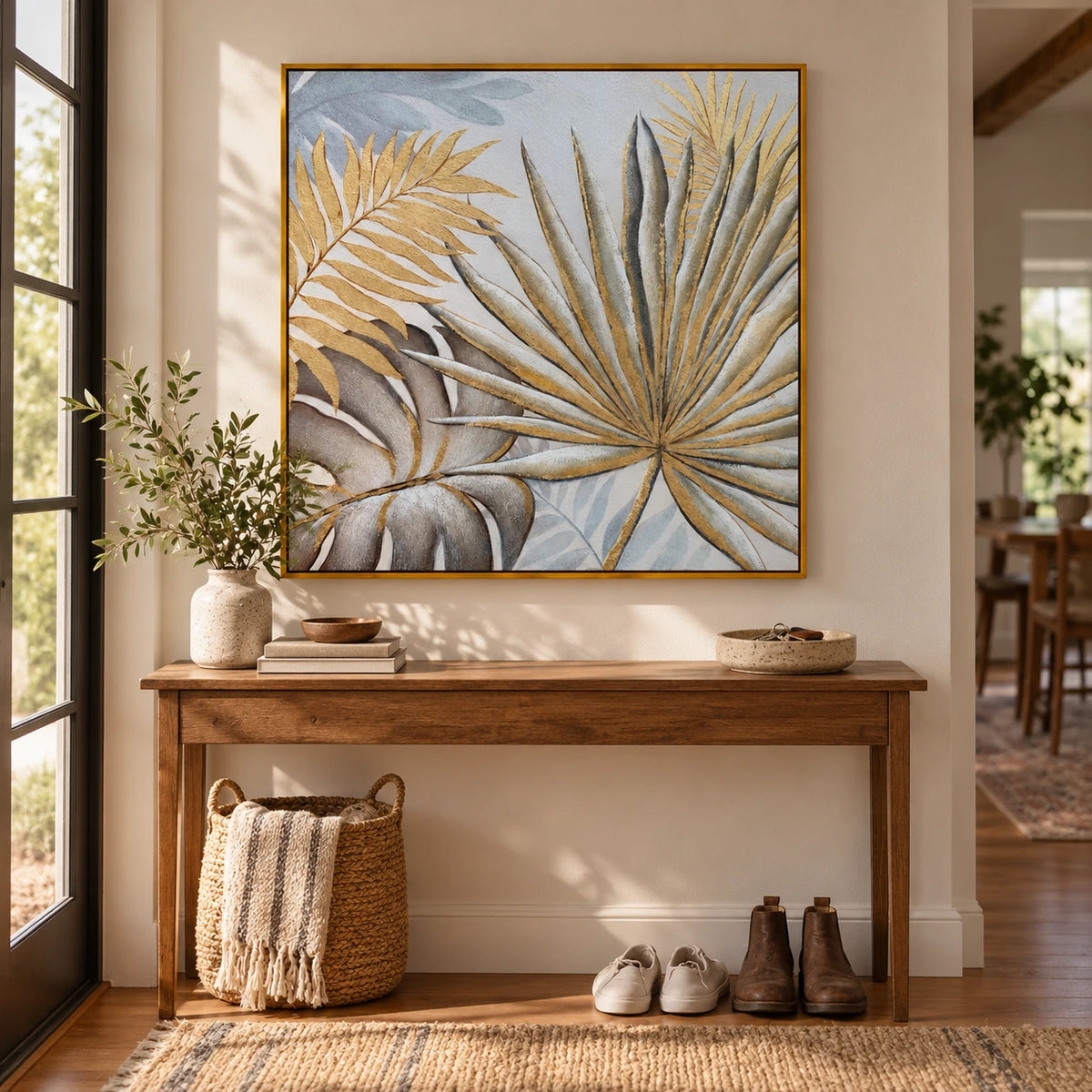 Gold and Grey Tropical Leaves Oil Painting | Palm Fronds and Monstera Relief Square Botanical Wall Art OA 1786
