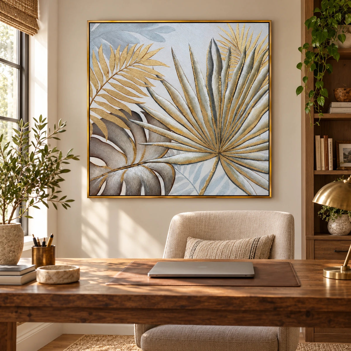 Gold and Grey Tropical Leaves Oil Painting | Palm Fronds and Monstera Relief Square Botanical Wall Art OA 1786