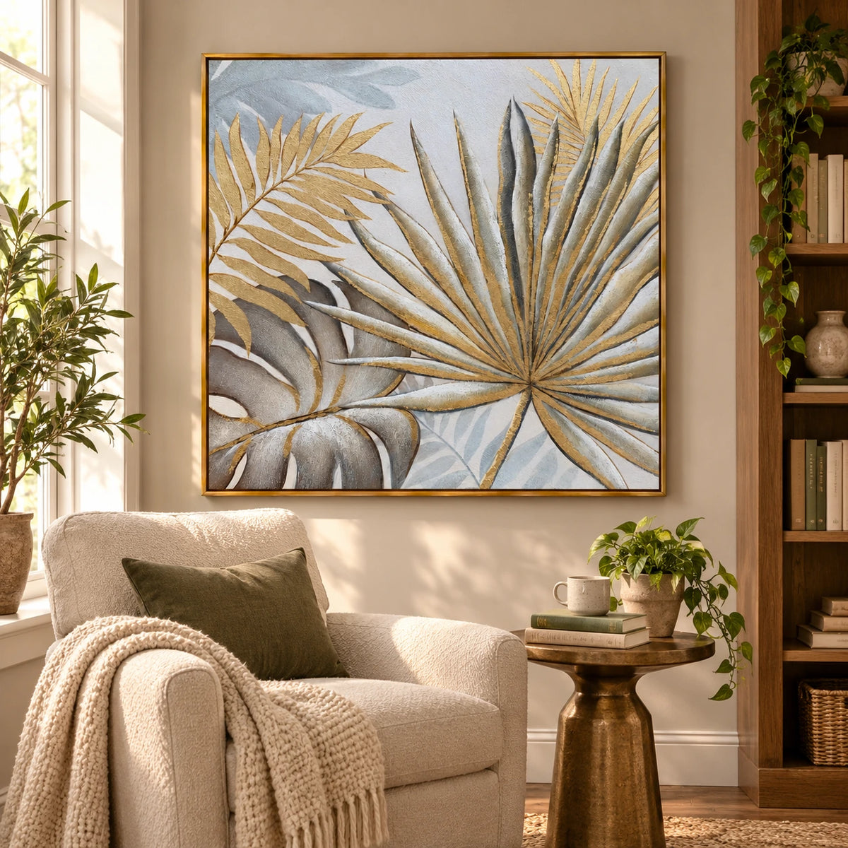 Gold and Grey Tropical Leaves Oil Painting | Palm Fronds and Monstera Relief Square Botanical Wall Art OA 1786