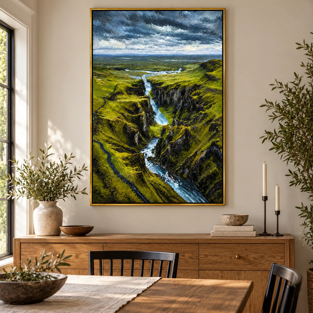 Green Canyon Waterfall Oil Painting | Dramatic River Valley Landscape Wall Art #OA 1616
