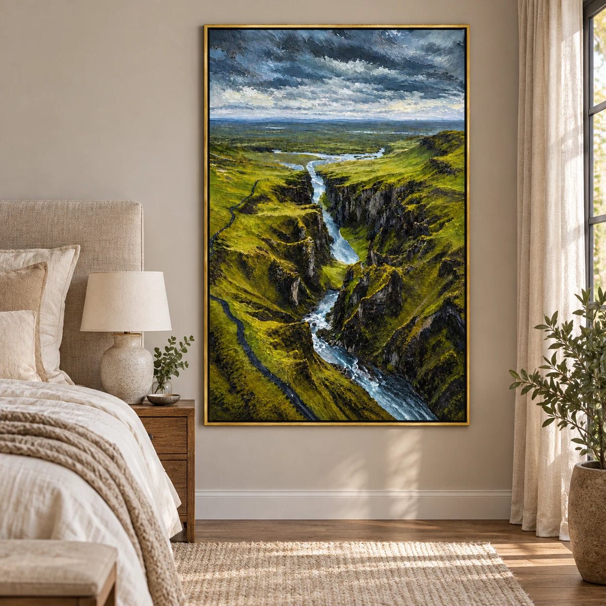 Green Canyon Waterfall Oil Painting | Dramatic River Valley Landscape Wall Art #OA 1616