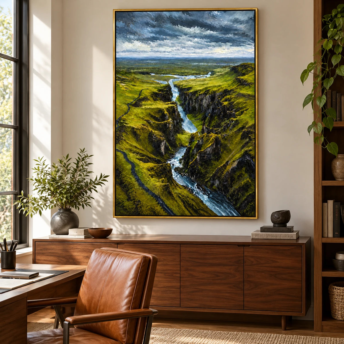 Green Canyon Waterfall Oil Painting | Dramatic River Valley Landscape Wall Art #OA 1616