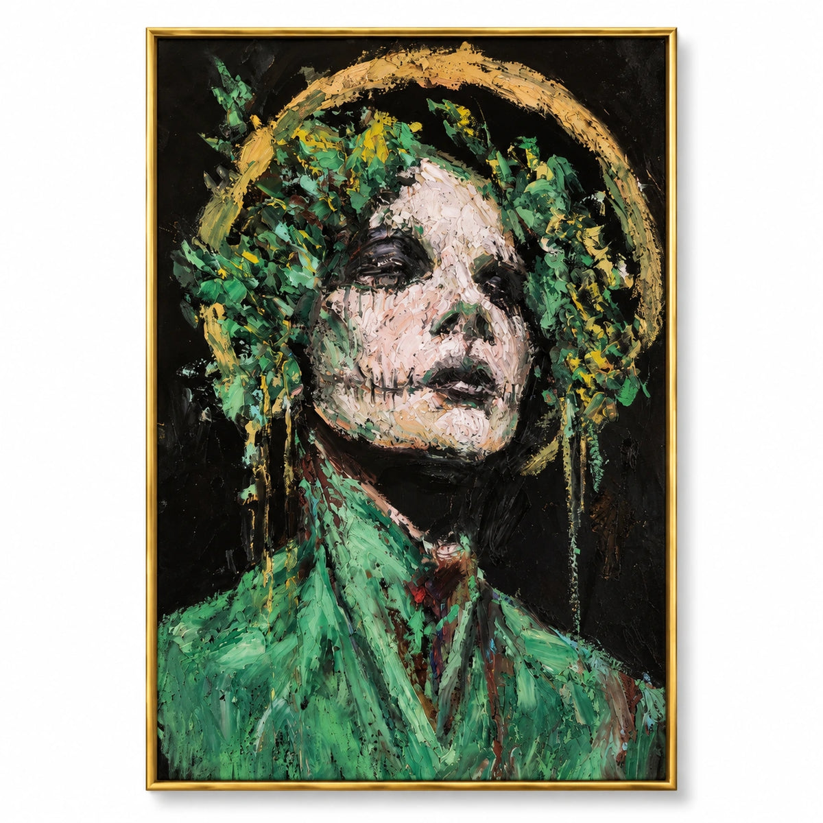 Green and Gold Abstract Woman Portrait Oil Painting | Textured Floral Halo Figurative Wall Art #OA 1630