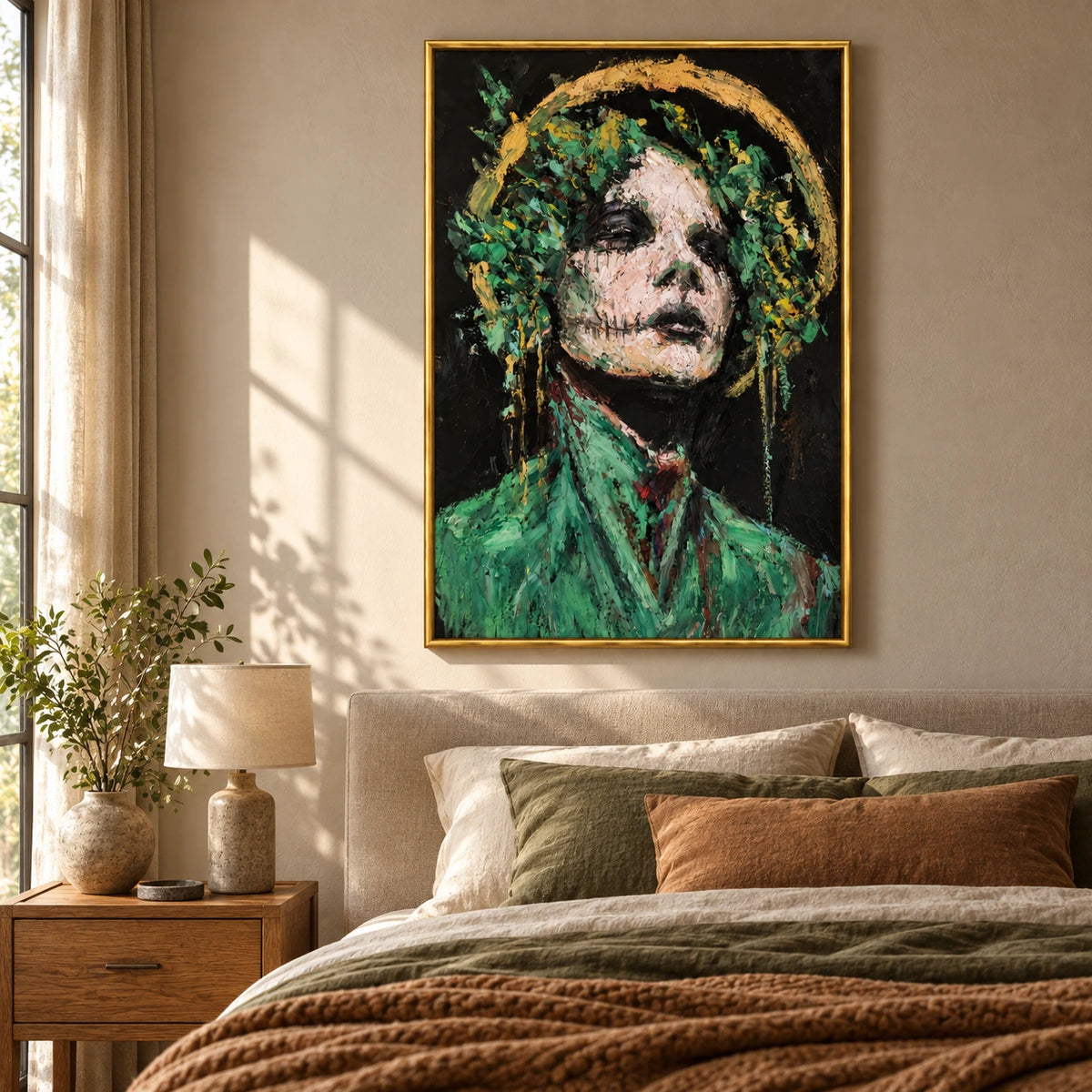 Green and Gold Abstract Woman Portrait Oil Painting | Textured Floral Halo Figurative Wall Art #OA 1630