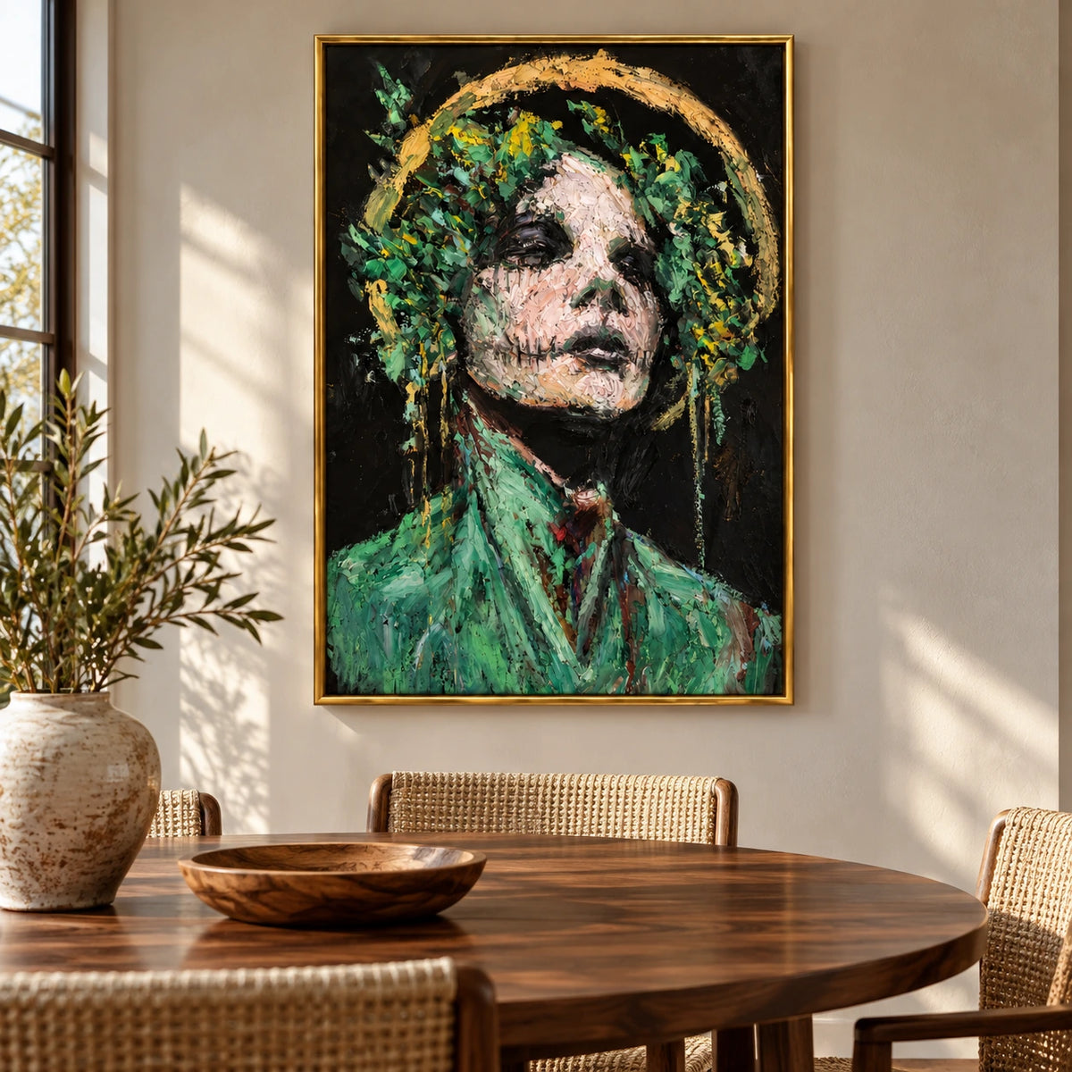 Green and Gold Abstract Woman Portrait Oil Painting | Textured Floral Halo Figurative Wall Art #OA 1630
