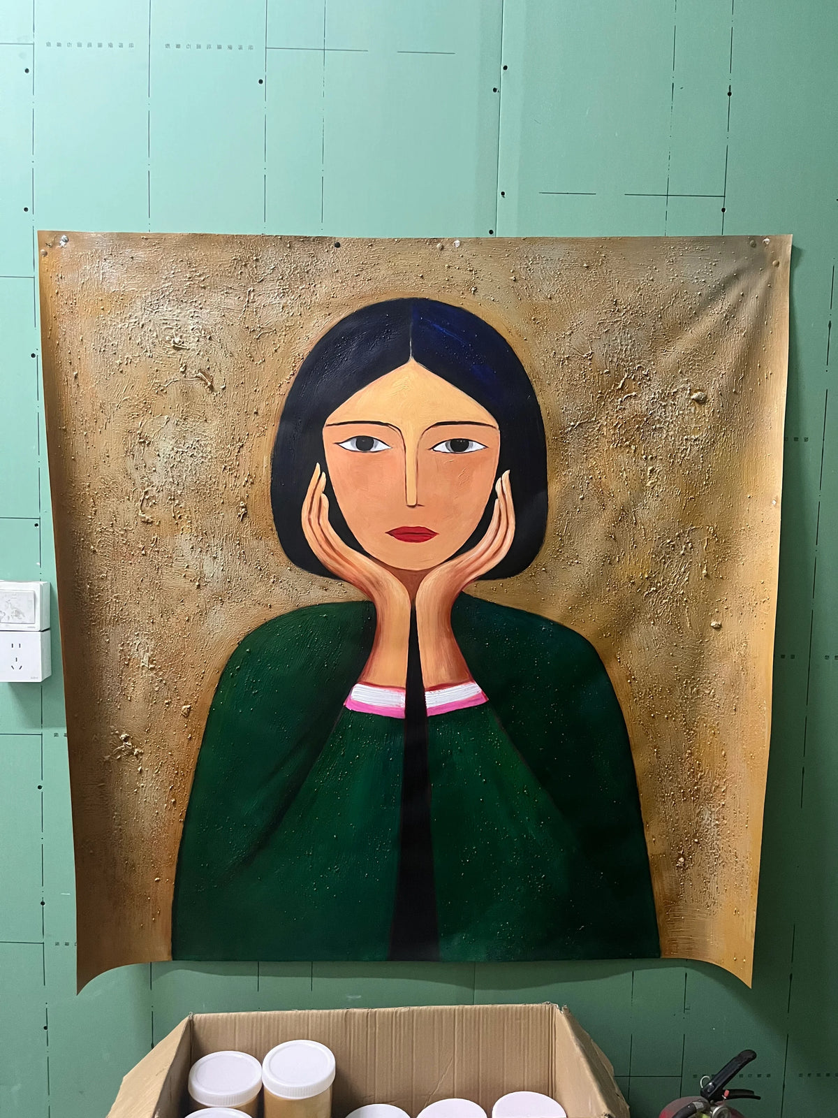 Green Cloak Girl Portrait Hand-Painted Oil Painting | Modern Abstract Figurative Wall Art with Textured Vintage Style