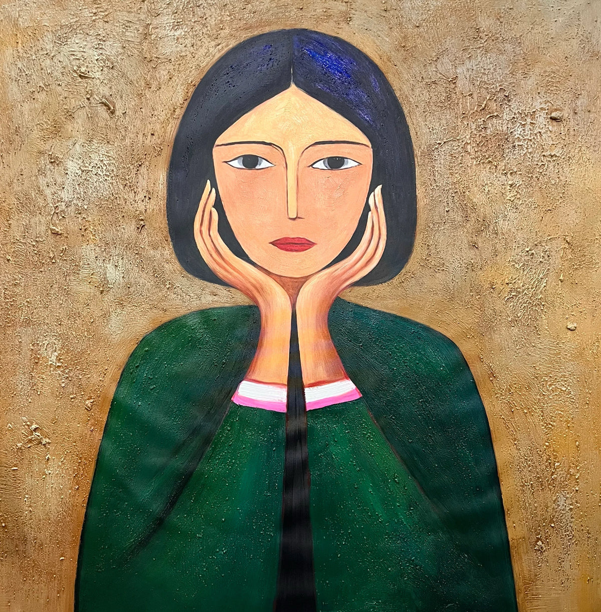 Green Cloak Girl Portrait Hand-Painted Oil Painting | Modern Abstract Figurative Wall Art with Textured Vintage Style