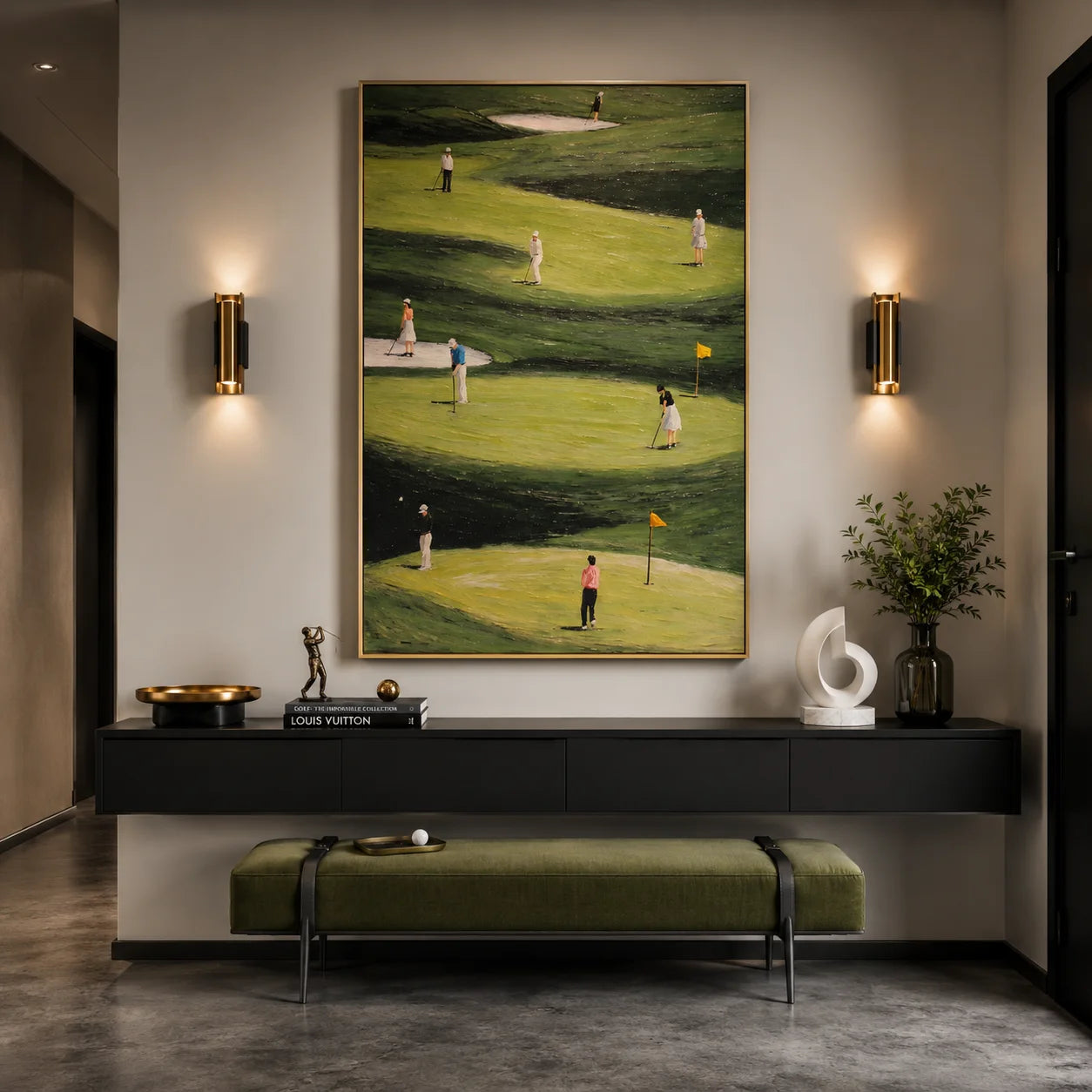 Green Golf Course Figurative Landscape Hand-Painted Oil Painting – Vertical Golf Sports Wall Art | Ownanart # OA 1216
