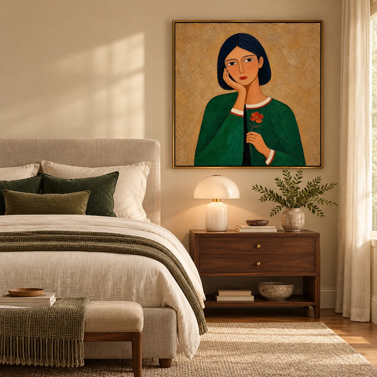 Hand Painted Woman Portrait Oil Painting, Green Dress Figurative Wall Art with Flower, Modern Textured Female Portrait Decor | Ownanart