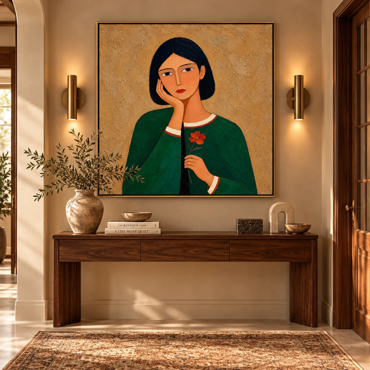 Hand Painted Woman Portrait Oil Painting, Green Dress Figurative Wall Art with Flower, Modern Textured Female Portrait Decor | Ownanart