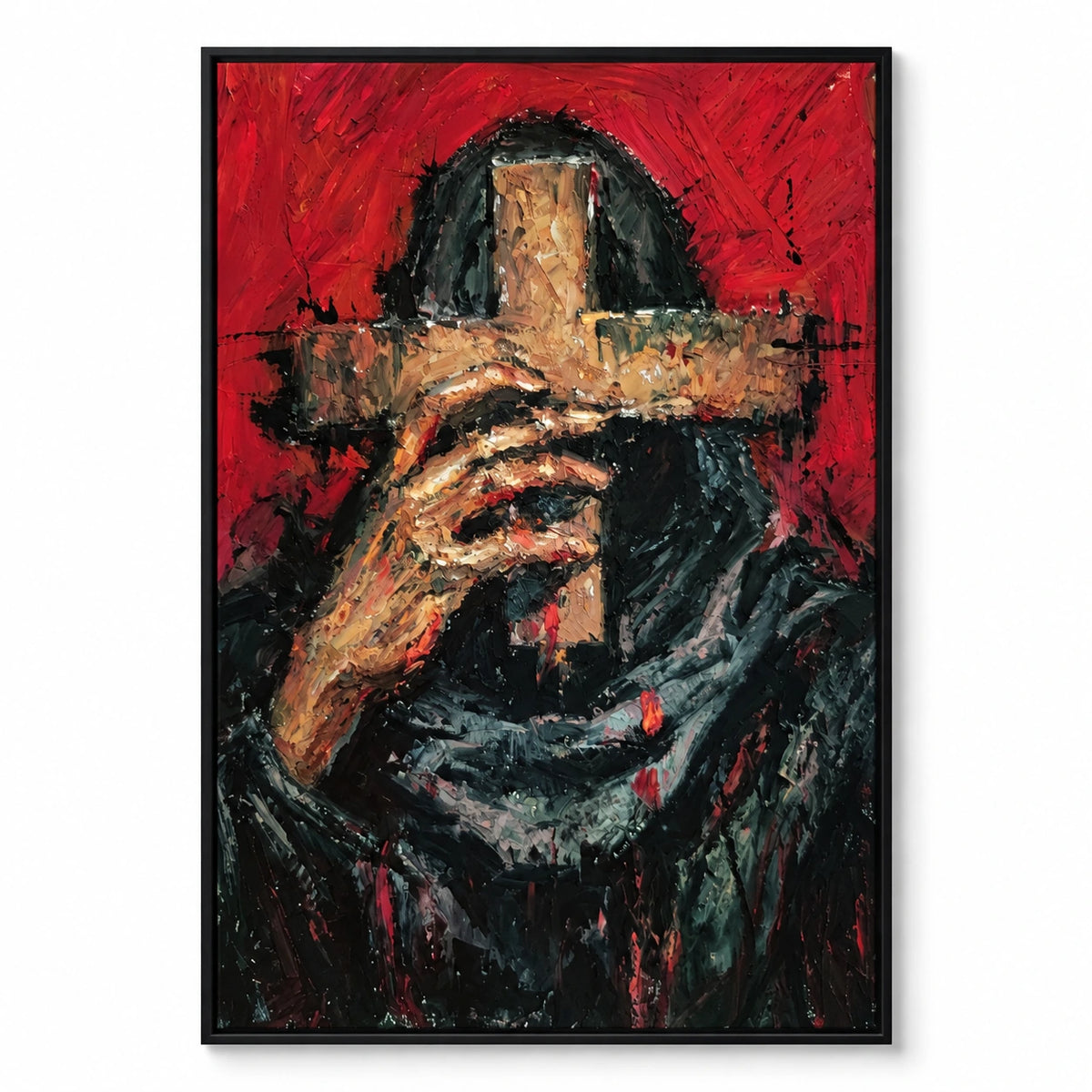 Hooded Figure Holding Gold Cross Oil Painting | Red Background Black Robe Expressive Vertical Religious Wall Art OA 1770
