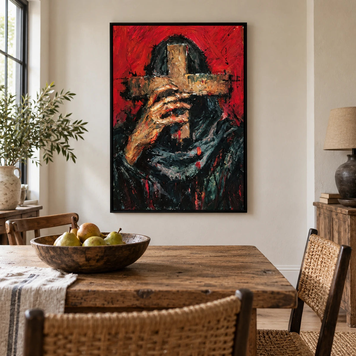 Hooded Figure Holding Gold Cross Oil Painting | Red Background Black Robe Expressive Vertical Religious Wall Art OA 1770
