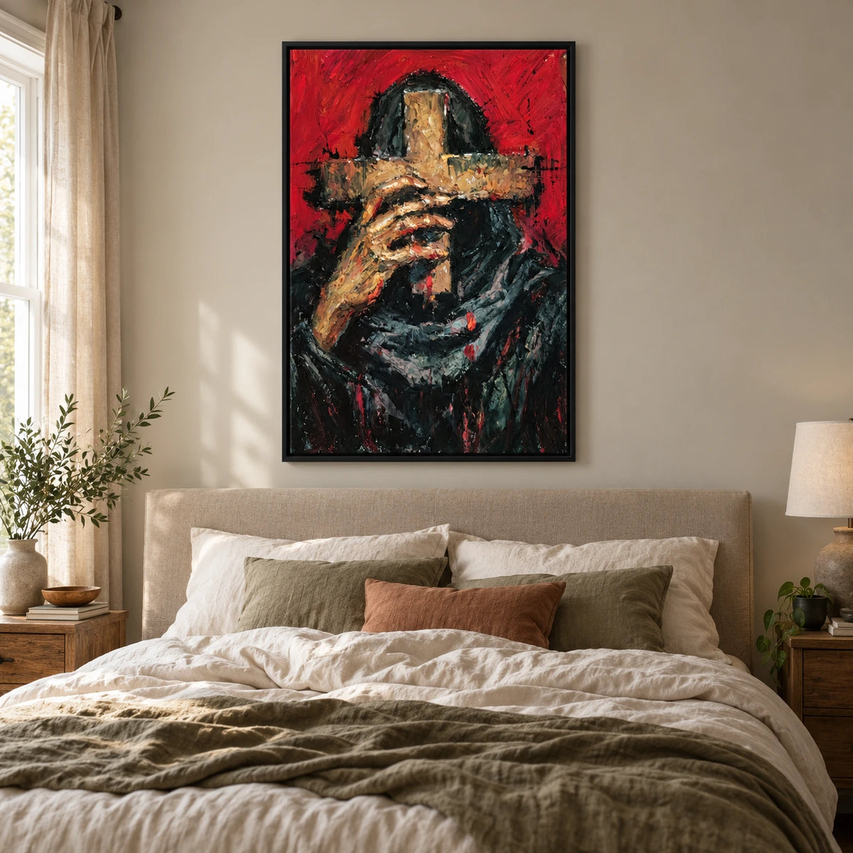 Hooded Figure Holding Gold Cross Oil Painting | Red Background Black Robe Expressive Vertical Religious Wall Art OA 1770