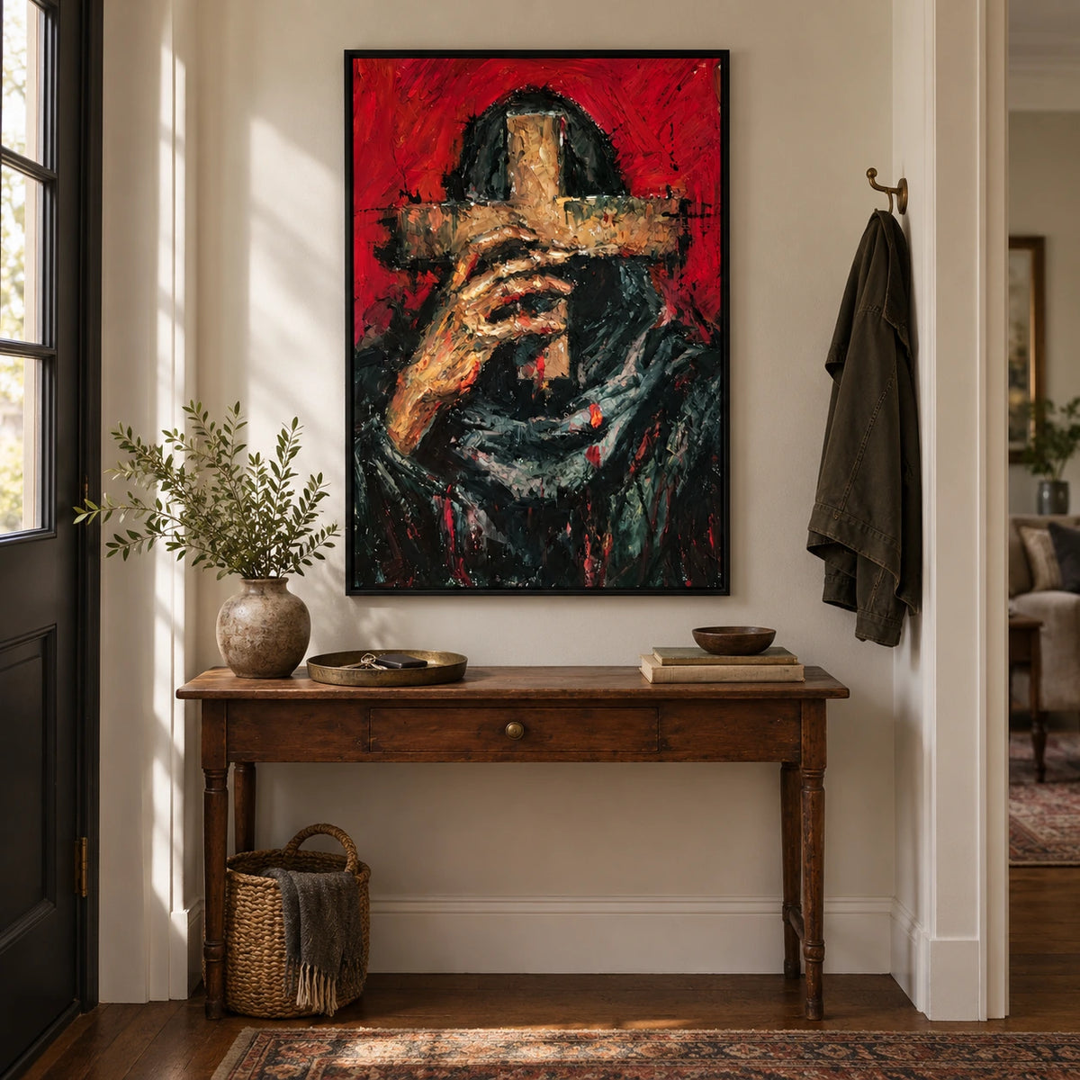 Hooded Figure Holding Gold Cross Oil Painting | Red Background Black Robe Expressive Vertical Religious Wall Art OA 1770