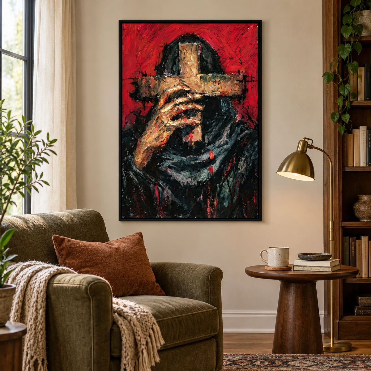 Hooded Figure Holding Gold Cross Oil Painting | Red Background Black Robe Expressive Vertical Religious Wall Art OA 1770