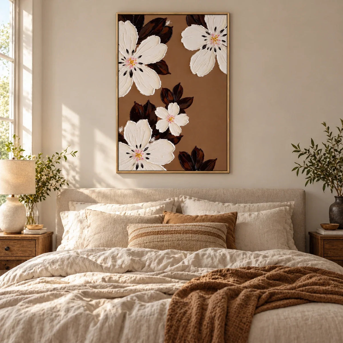 Ivory Flowers on Brown Oil Painting | Cream Petals Dark Leaves Textured Vertical Botanical Wall Art #OA 1793