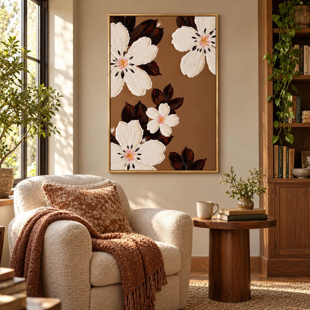 Ivory Flowers on Brown Oil Painting | Cream Petals Dark Leaves Textured Vertical Botanical Wall Art #OA 1793