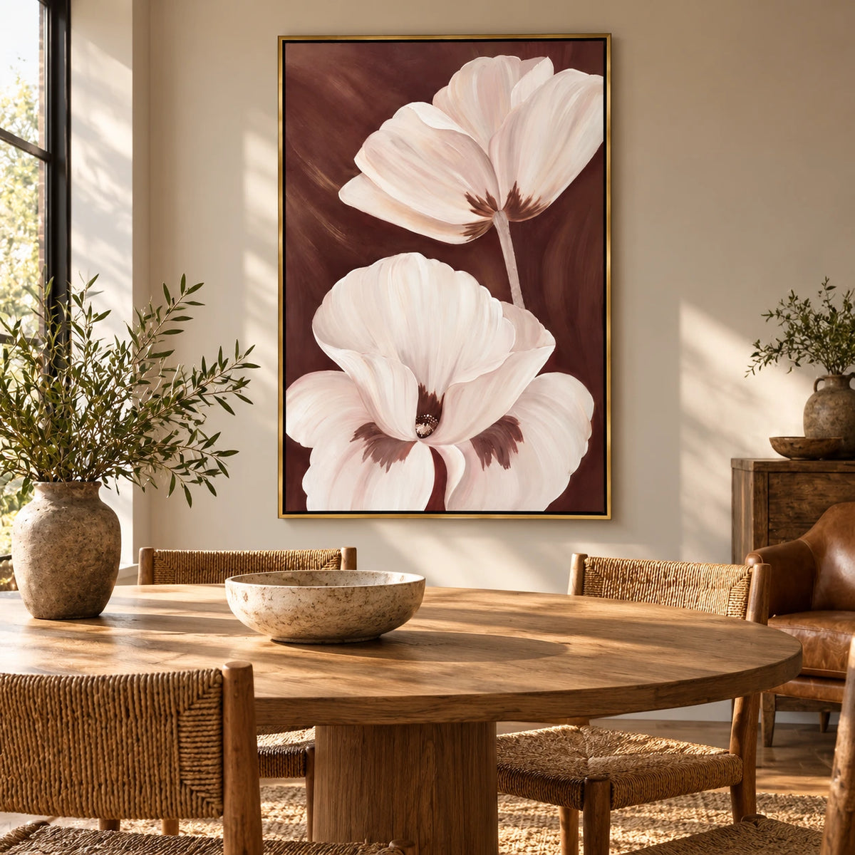 Ivory Flowers on Brown Oil Painting | Large Cream Petals Neutral Botanical Vertical Wall Art #OA 1653