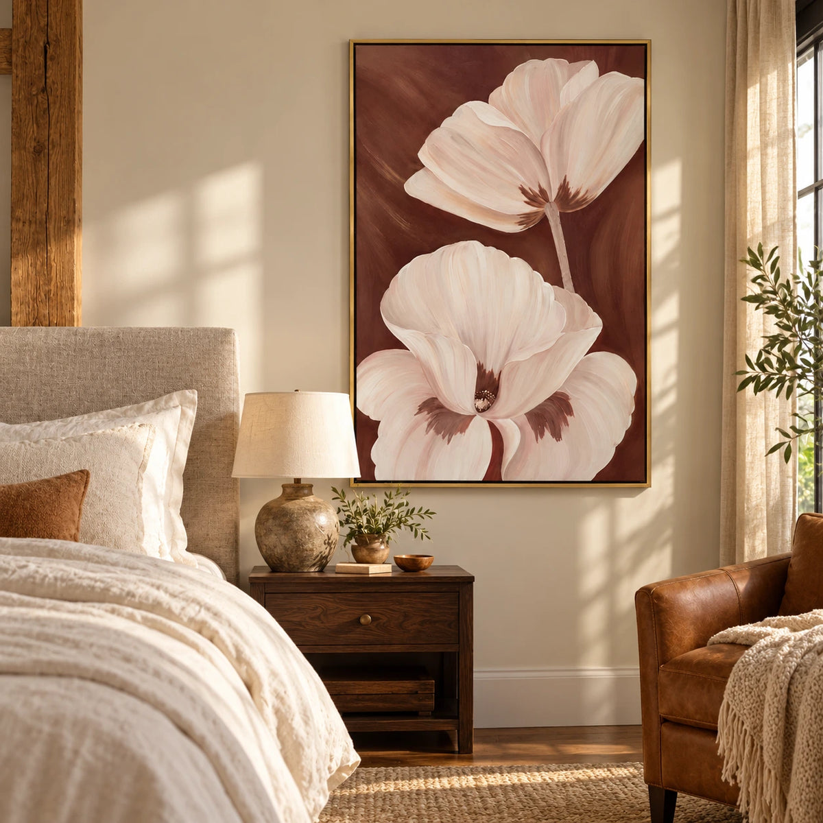 Ivory Flowers on Brown Oil Painting | Large Cream Petals Neutral Botanical Vertical Wall Art #OA 1653