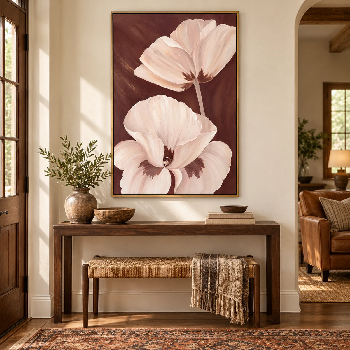 Ivory Flowers on Brown Oil Painting | Large Cream Petals Neutral Botanical Vertical Wall Art #OA 1653