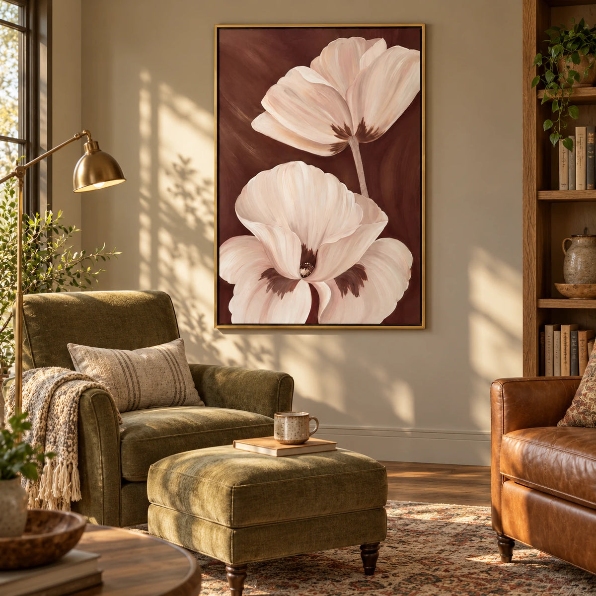 Ivory Flowers on Brown Oil Painting | Large Cream Petals Neutral Botanical Vertical Wall Art #OA 1653