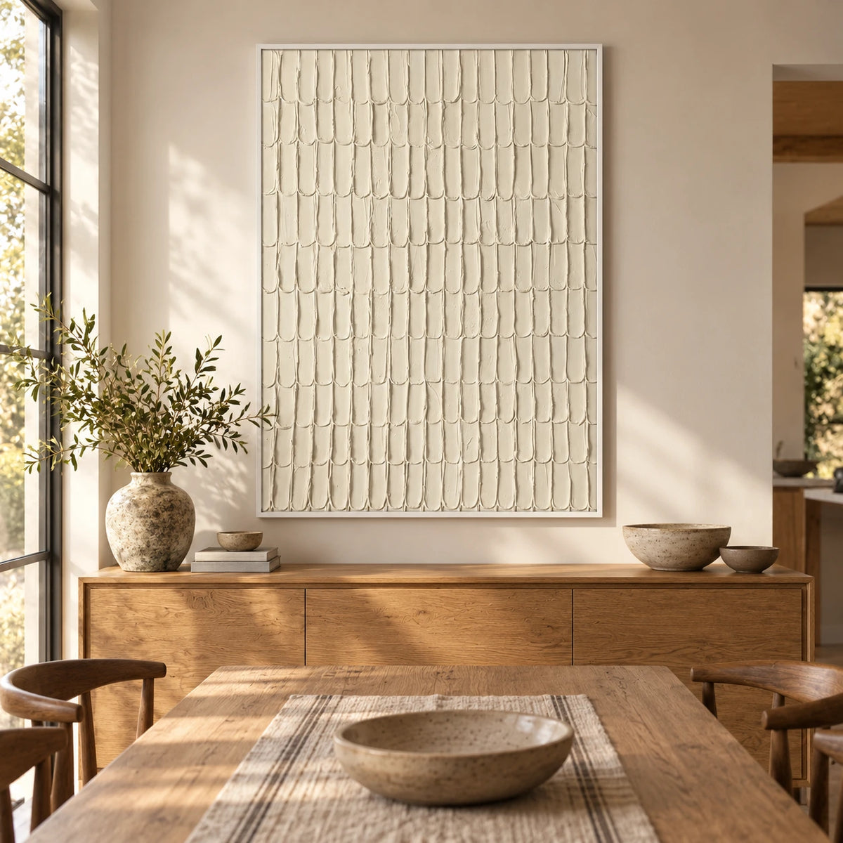 Ivory Scalloped Relief Oil Painting | Repeating Raised Arches Minimalist Vertical White Textured Wall Art OA 1780