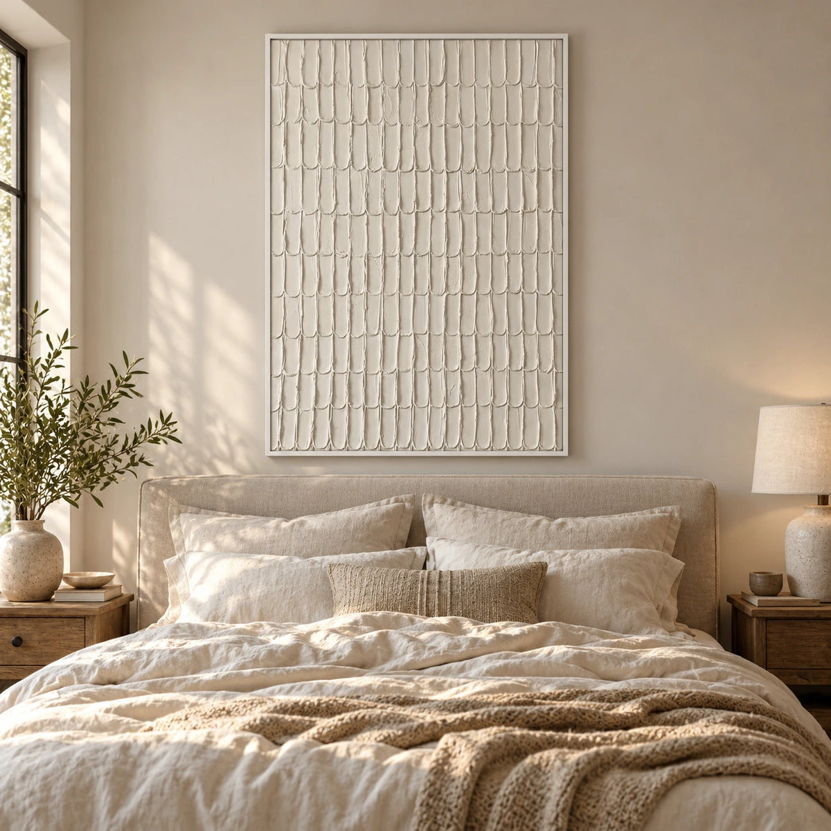 Ivory Scalloped Relief Oil Painting | Repeating Raised Arches Minimalist Vertical White Textured Wall Art OA 1780