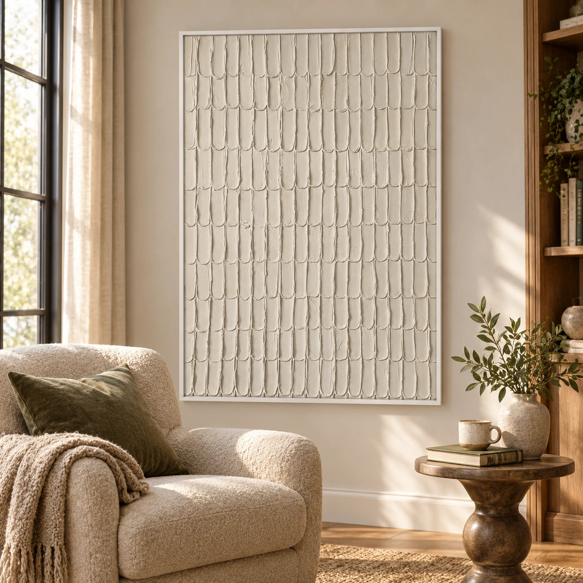 Ivory Scalloped Relief Oil Painting | Repeating Raised Arches Minimalist Vertical White Textured Wall Art OA 1780