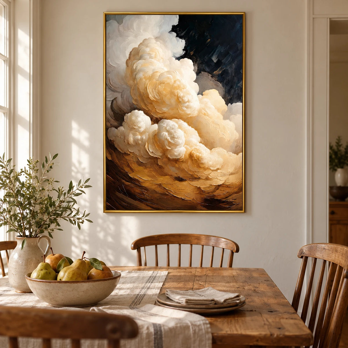 Ivory and Gold Clouds Oil Painting | Billowing Cream Forms on Black Textured Vertical Dramatic Wall Art #OA 1819
