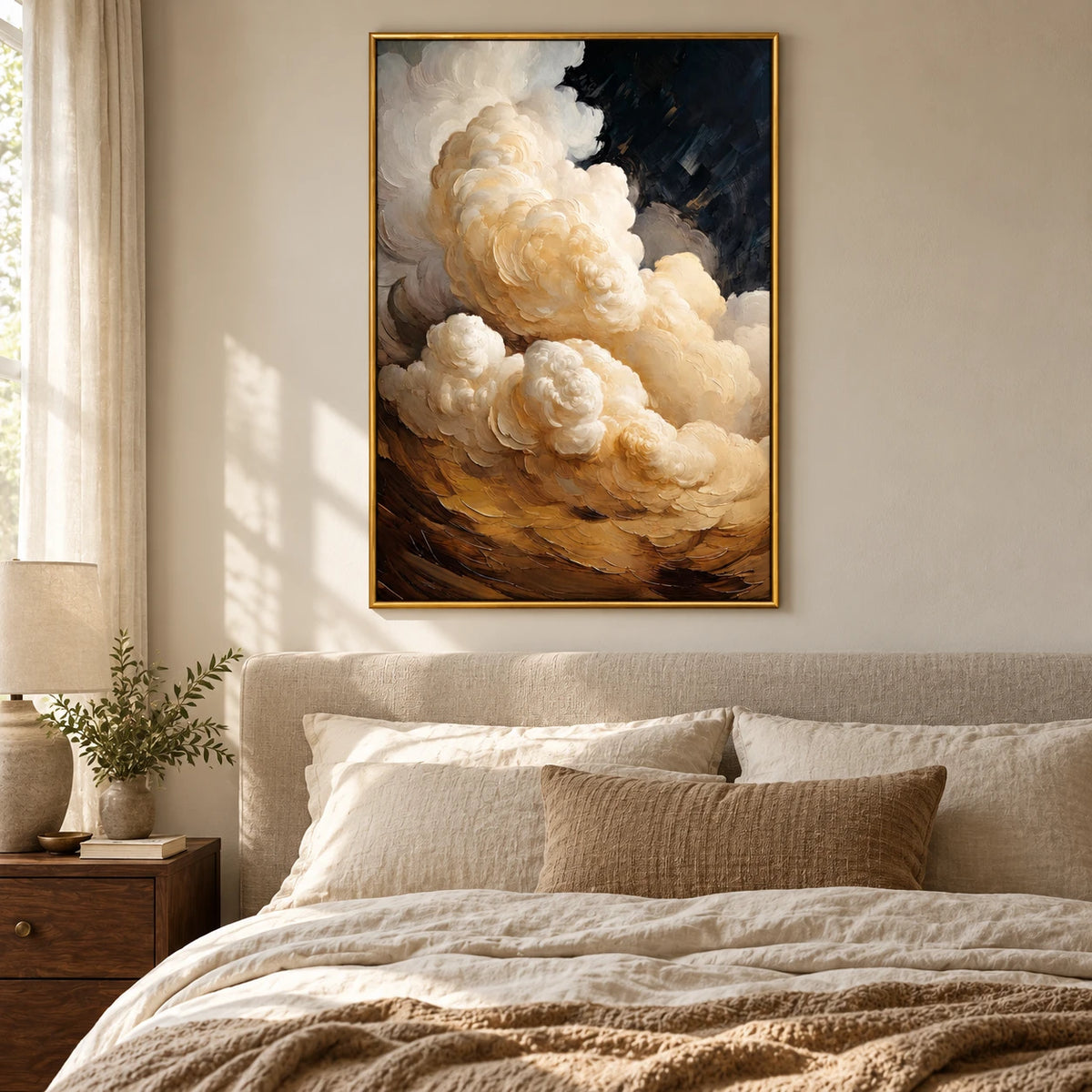 Ivory and Gold Clouds Oil Painting | Billowing Cream Forms on Black Textured Vertical Dramatic Wall Art #OA 1819