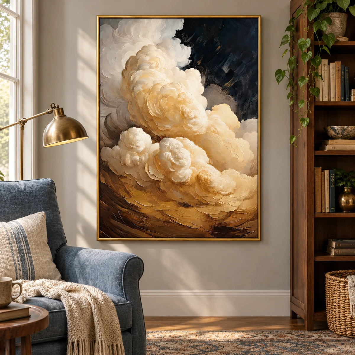 Ivory and Gold Clouds Oil Painting | Billowing Cream Forms on Black Textured Vertical Dramatic Wall Art #OA 1819