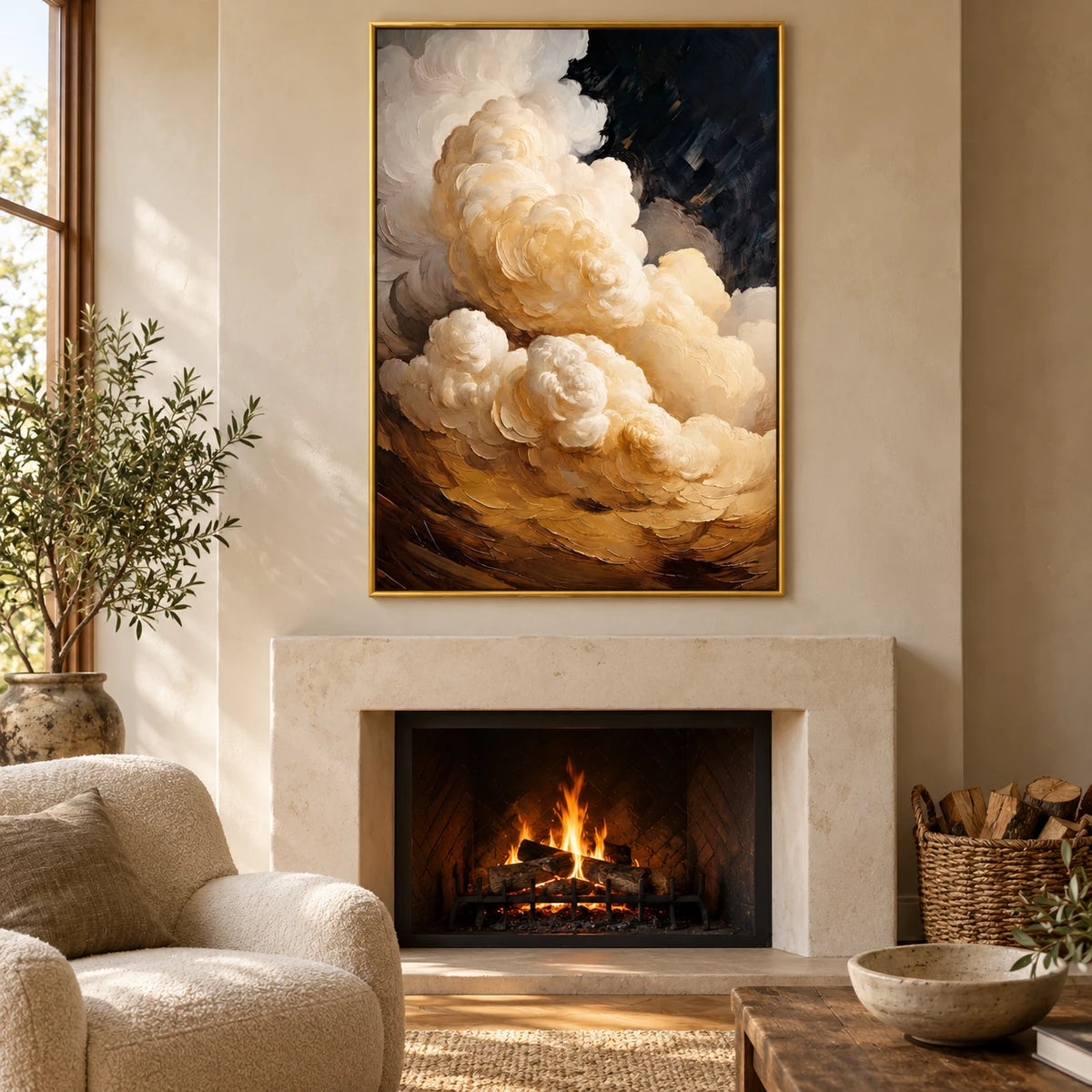 Ivory and Gold Clouds Oil Painting | Billowing Cream Forms on Black Textured Vertical Dramatic Wall Art #OA 1819