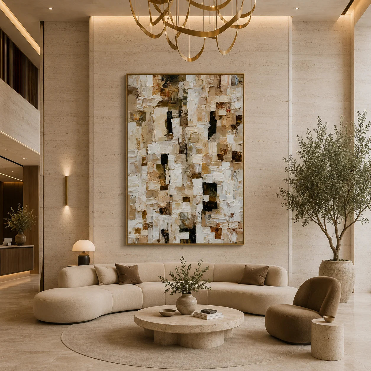Ivory, Beige and Brown Mosaic Block Heavy Textured Abstract Oil Painting – Vertical Neutral Impasto Wall Art | Ownanart # OA 1211